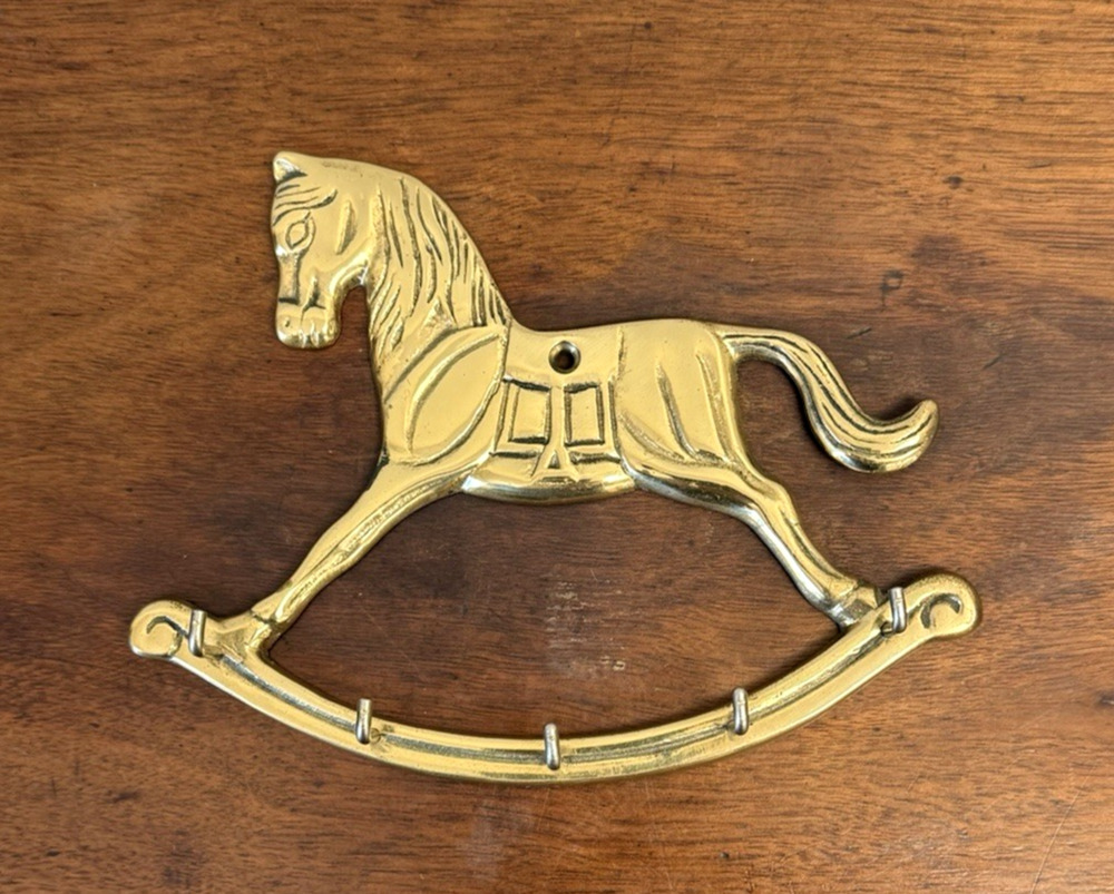 Vintage Brass Rocking Horse Wall Hook Rack 5 Hook Coat Hat Key Towel Hanging